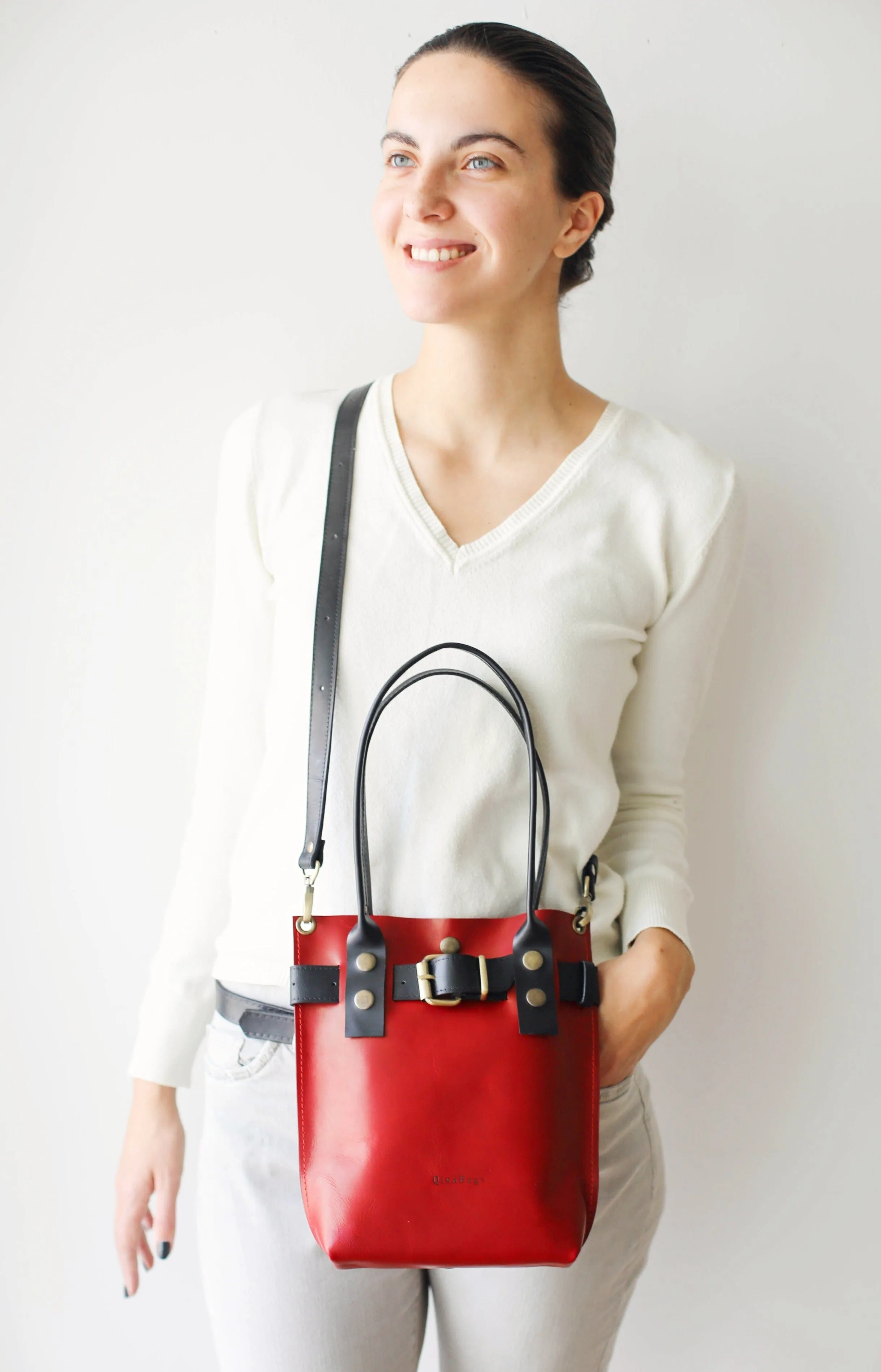 Red w/ Black Leather Handbag