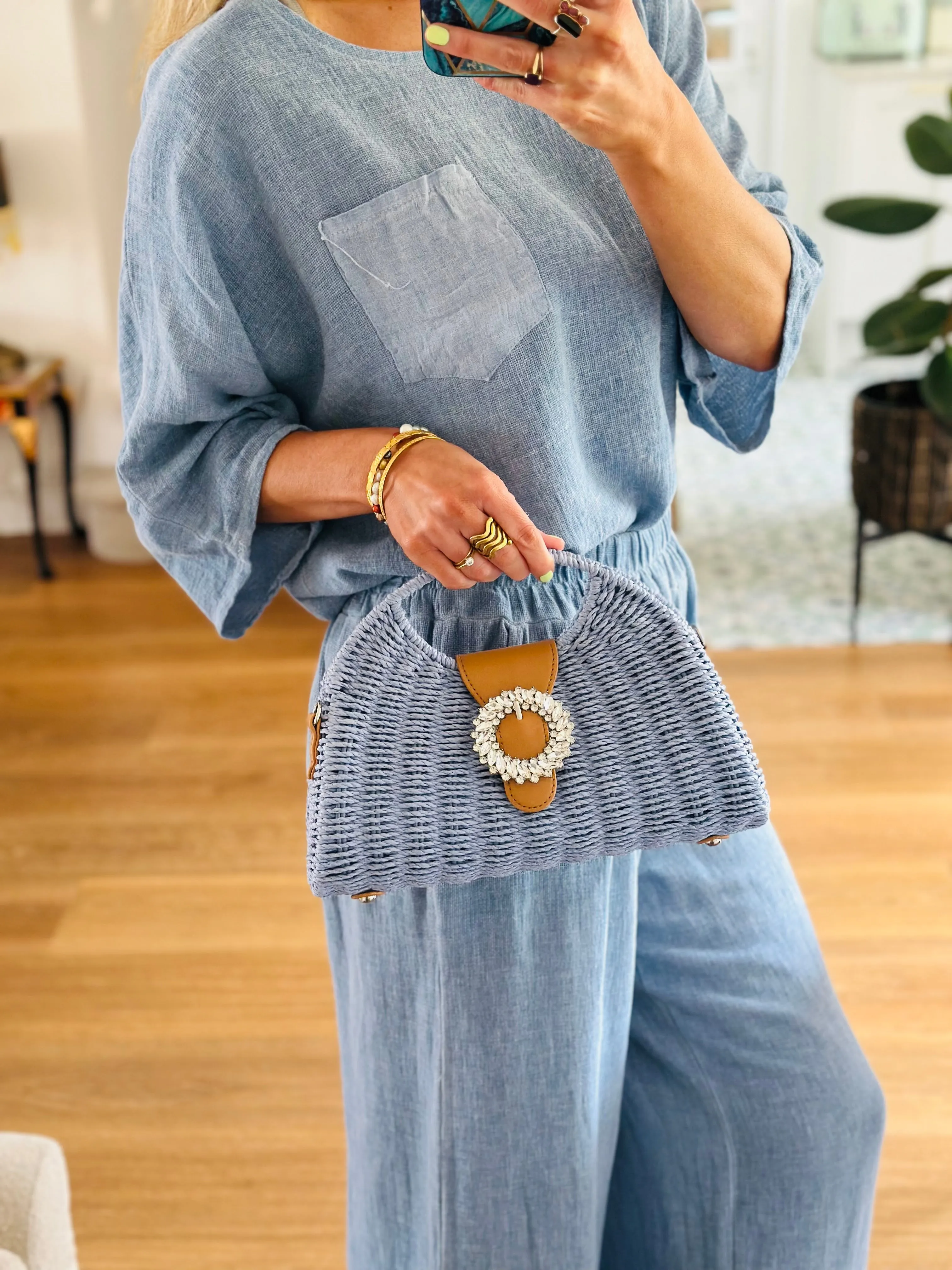 Straw Handbag With Crystal Clasp