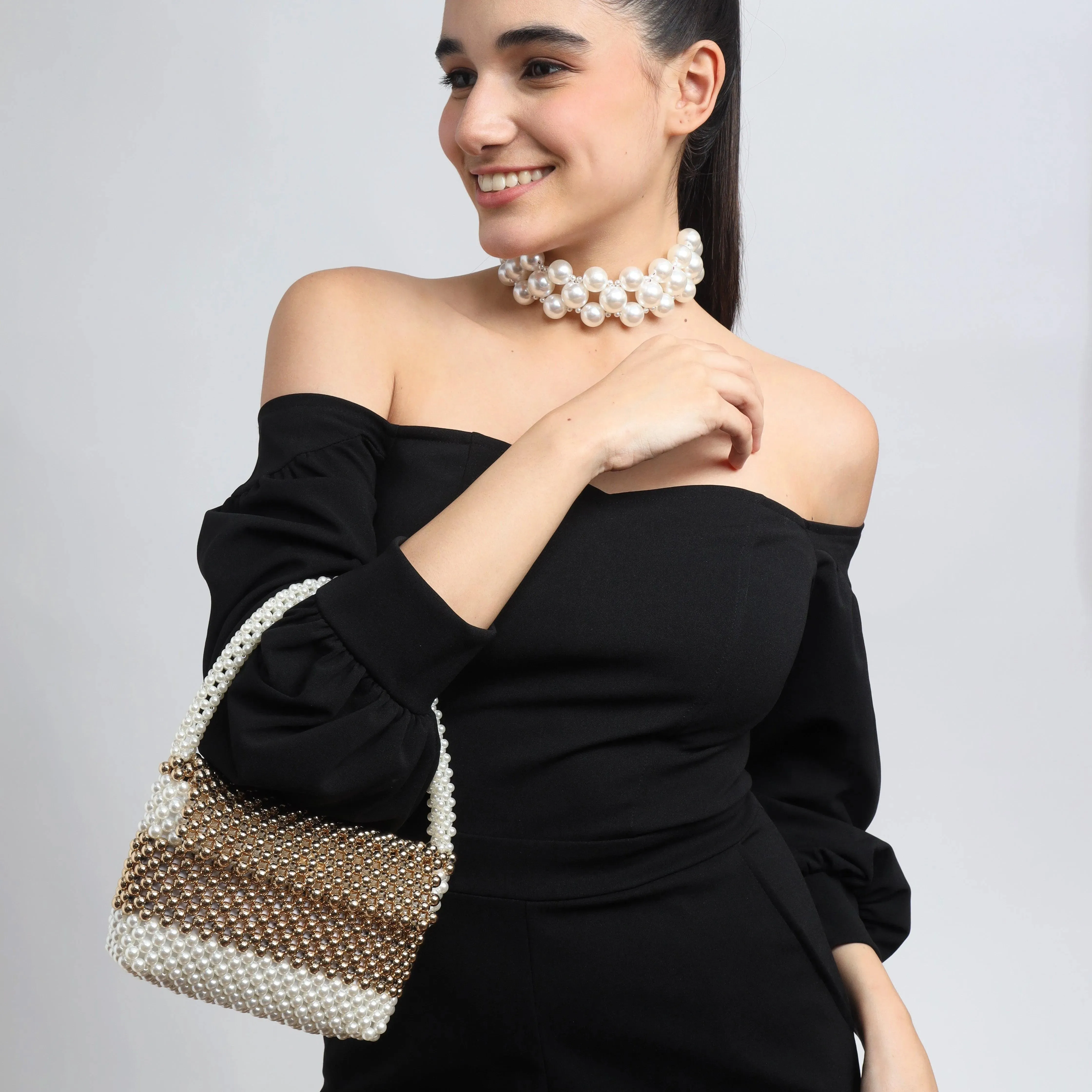 TFC Chic Pearl & Gold Beaded Handbag