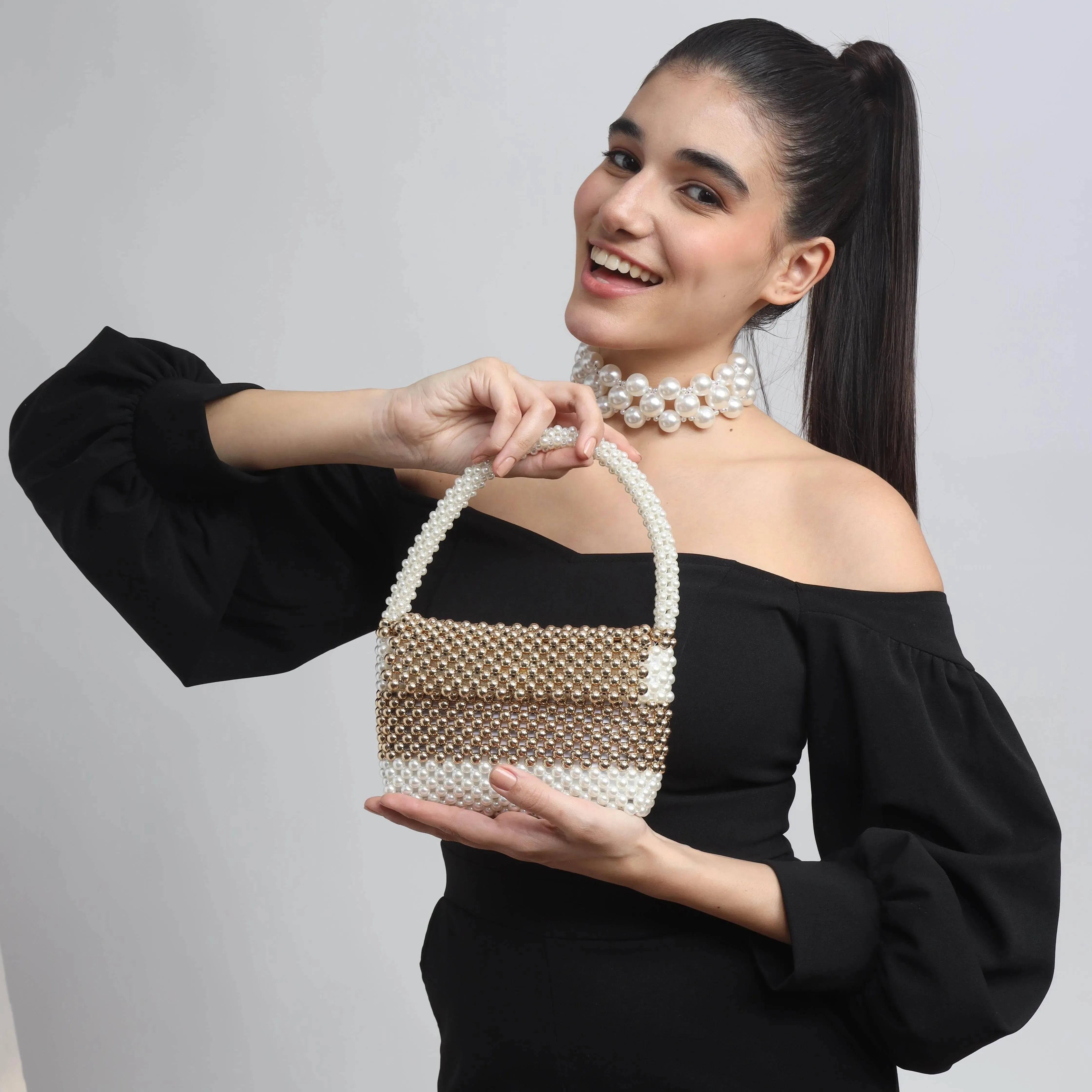 TFC Chic Pearl & Gold Beaded Handbag